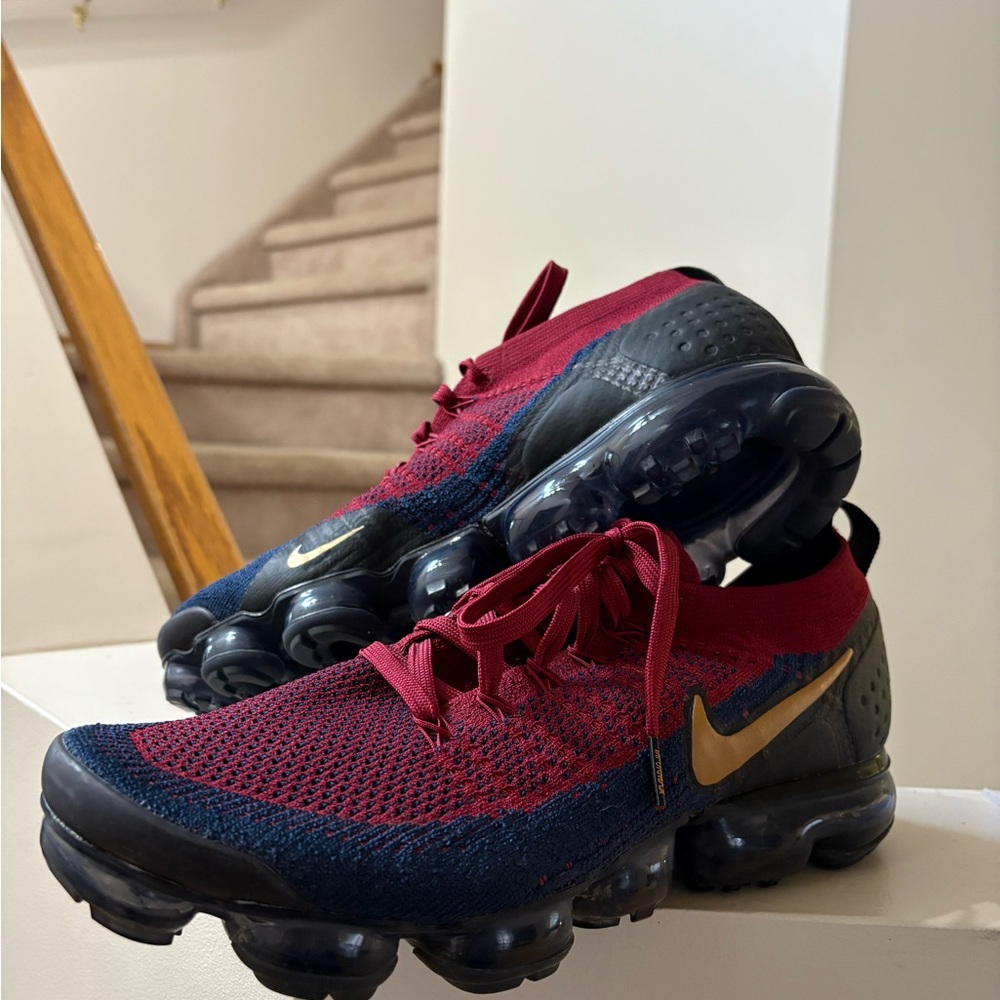 Nike Burgundy and Navy Air VaporMax with Gold Swoosh